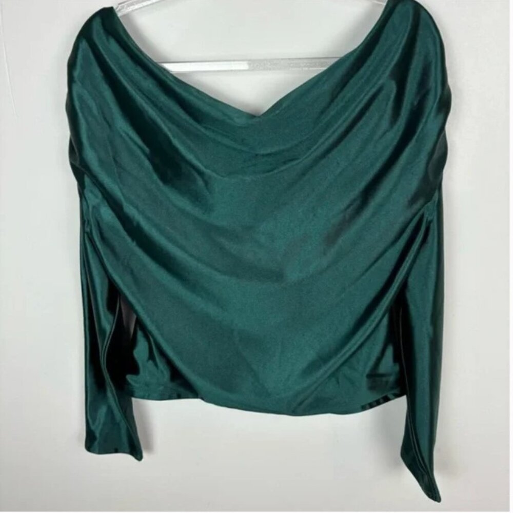Dark Green Satin Off the Shoulder Draped Top by Express